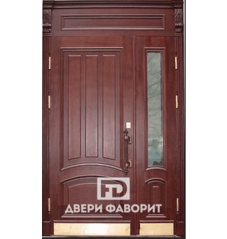 двустворчатая уличная дверь со стеклом и отбойником, отделана филенчатым мдф
